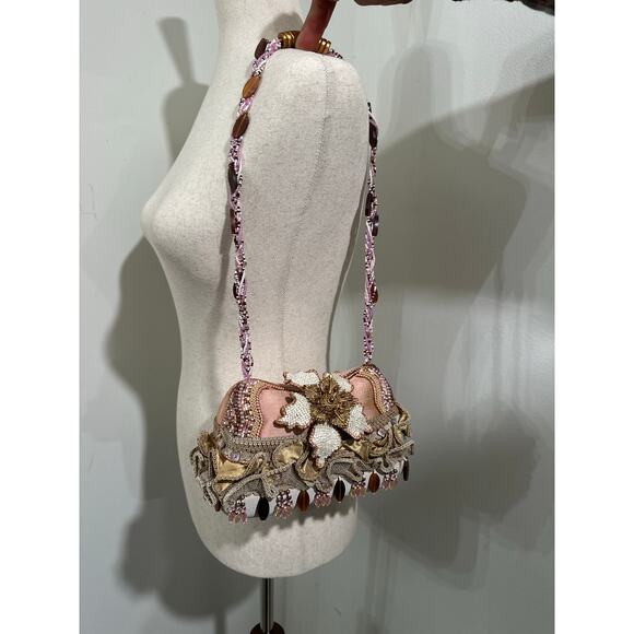 Vintage Mary Frances Embellished Floral Beaded Shoulder Bag Blush Fabric - Picture 3 of 13